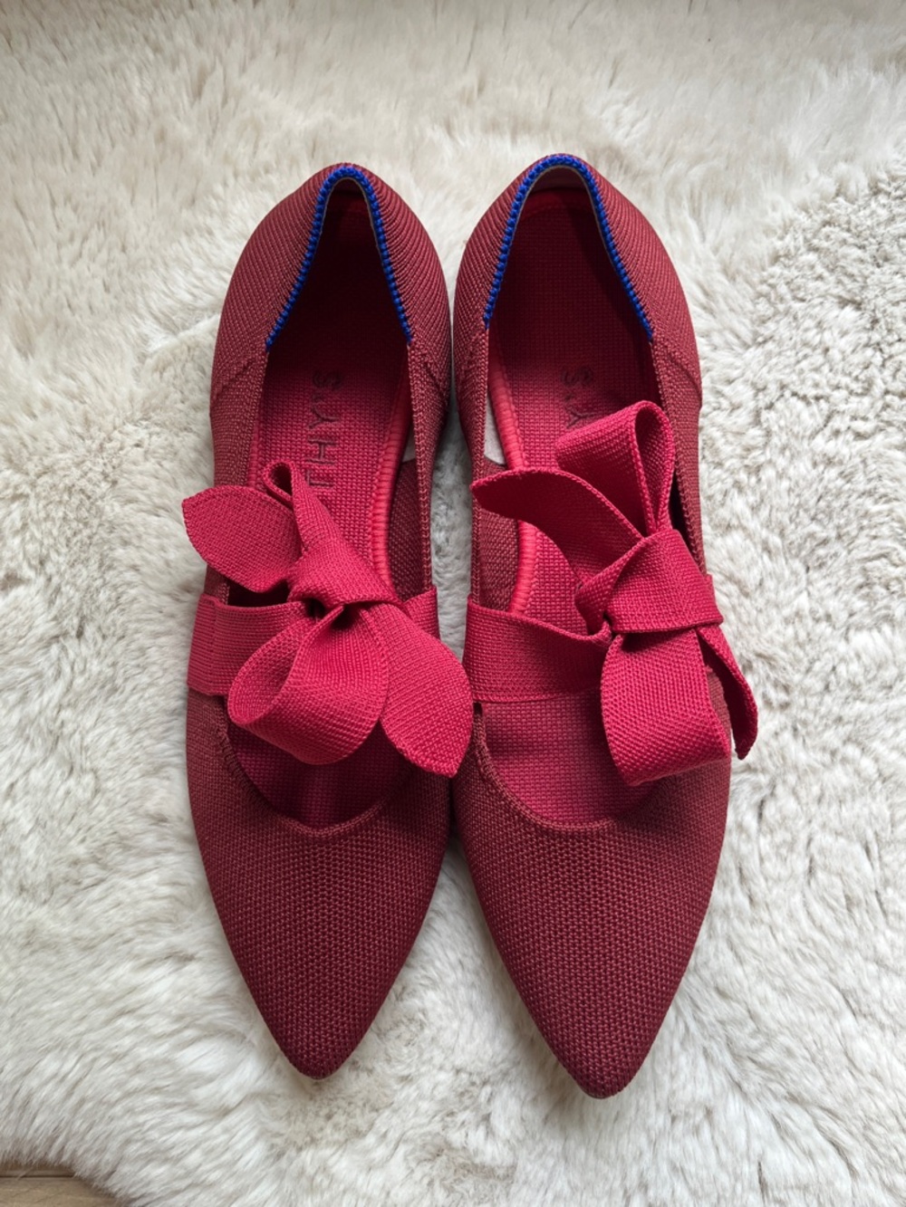 Rothys Cinnamon The Mary Jane Red Bow Point Flats Maroon Ribbon Tie Loafer 8 - Picture 3 of 14